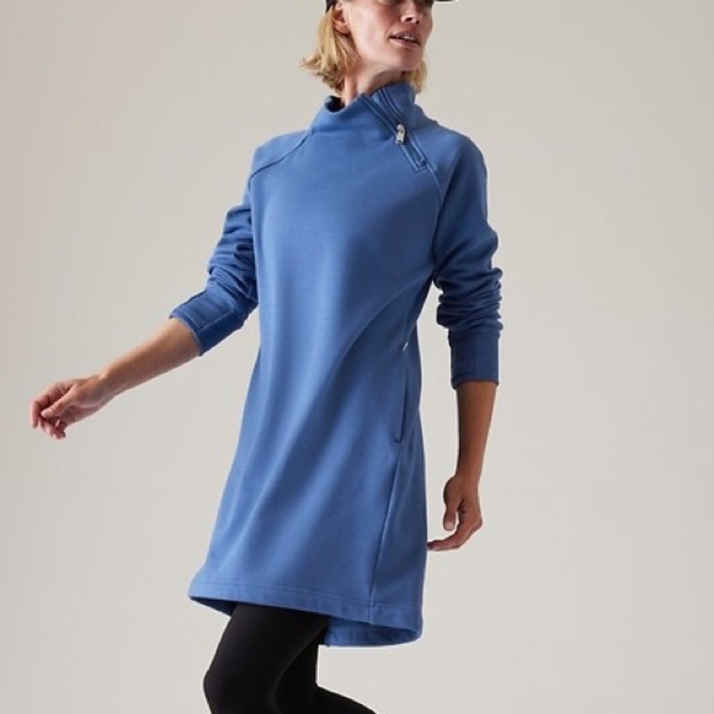 NWOT Athleta Cozy Karma Asymmetrical Chrome Blue Long Sleeve Sweatshirt Dress